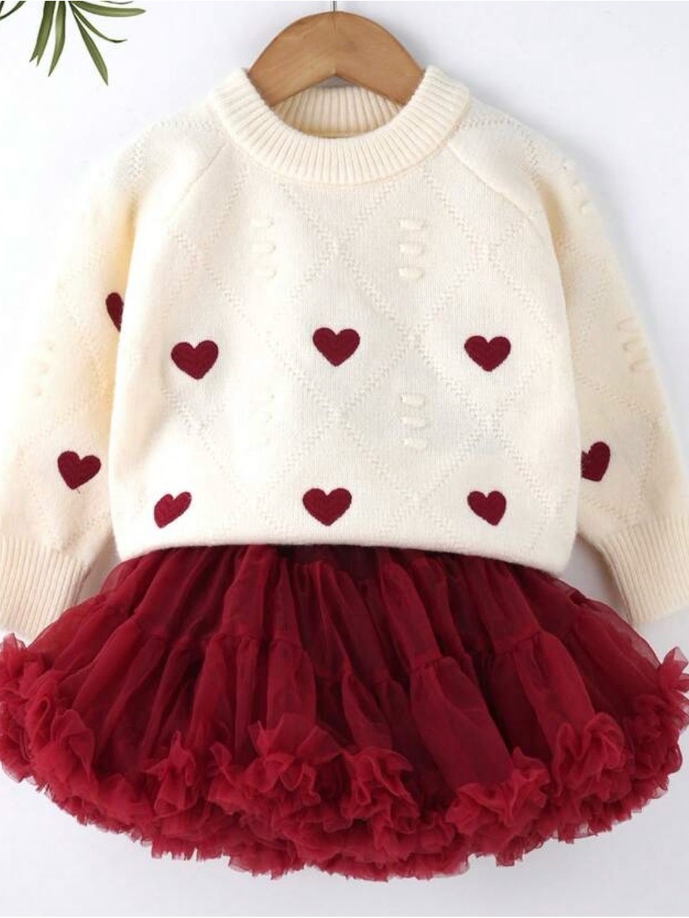 Cream Heart Knit Sweater with Burgundy Tulle Skirt Set